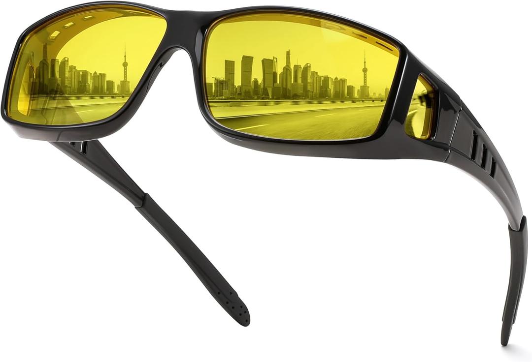 FEISEDY Night Driving Sunglasses Polarized Fit Over Sunglasses for Men, Yellow Lenses, Anti Glare Glasses B0225