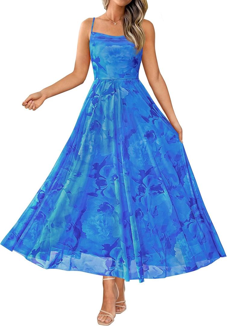 BTFBM Women Summer Floral Maxi Dresses Elegant Spaghetti Strap Dress Printed Party Dress Beach Long Dresses (Blue, XL)