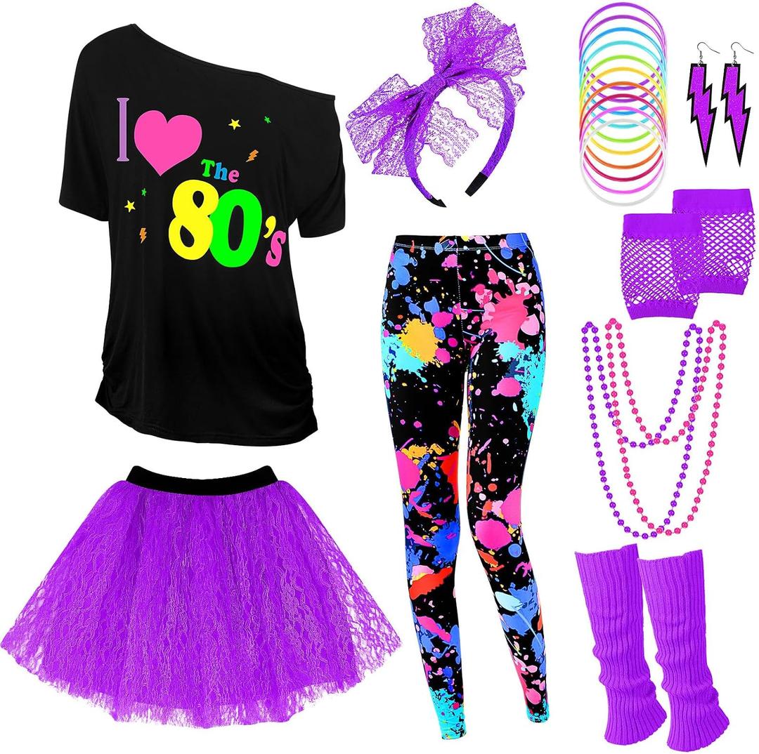 Vabean 19 Pcs 80s Costume Set T Shirt Leggings Tutu Skirt Headband Necklace Bracelets Earrings Gloves Leg Warmers for Women (Purple, S)