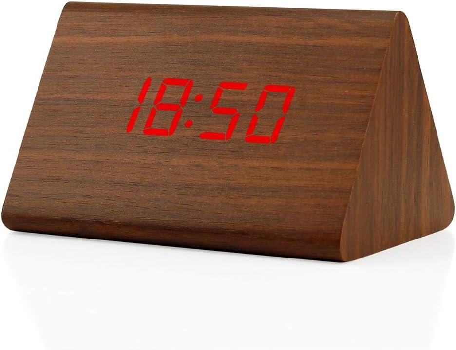 OCT17 Wooden Wood Clock, New Version LED Alarm Digital Desk Clock Adjustable Brightness, Alarm Time, Displays Time Date Temperature - Brown