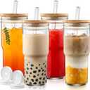 DWTS DANWEITESI Mason Jar with Lid and Straw,24 oz Iced Coffee Cup with Bamboo Lid and Straw,Boba Cups Smoothie Tumbler-Wide Mouth Reusable Glass Cups with Lid and Straws4 Pack