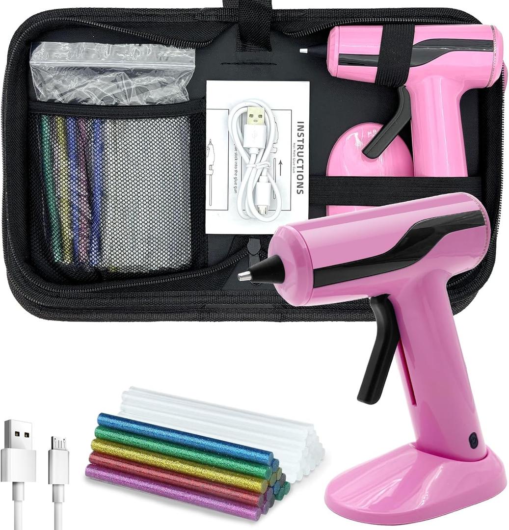Cordless Hot Glue Gun Kit with 30pcs Mini Glue Sticks, USB Rechargeable Mini Glue Gun with Carrying Case, Stand-Up Base, Smart Power-Off Hot Melt Glue Gun for Crafting, Pink