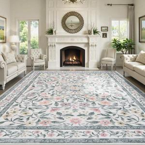 Collive 8x10 Area Rugs for Living Room, Floral Machine Washable Large Rug, Soft Low Pile Non Slip Indoor Carpet for Girls Bedroom Playroom Nursery Dining Room Office, Grey (8' x 10' (Rectangular))