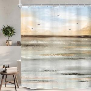 KOMLLEX Abstract Beach Shower Curtain for Bathroom Decor Brown Oil Painting Ocean Sea Wave Seagull Mountain Nature Landscape Summer Hawaii Scenery Fabric Waterproof Polyester 12 Pack Hooks 60Wx72H