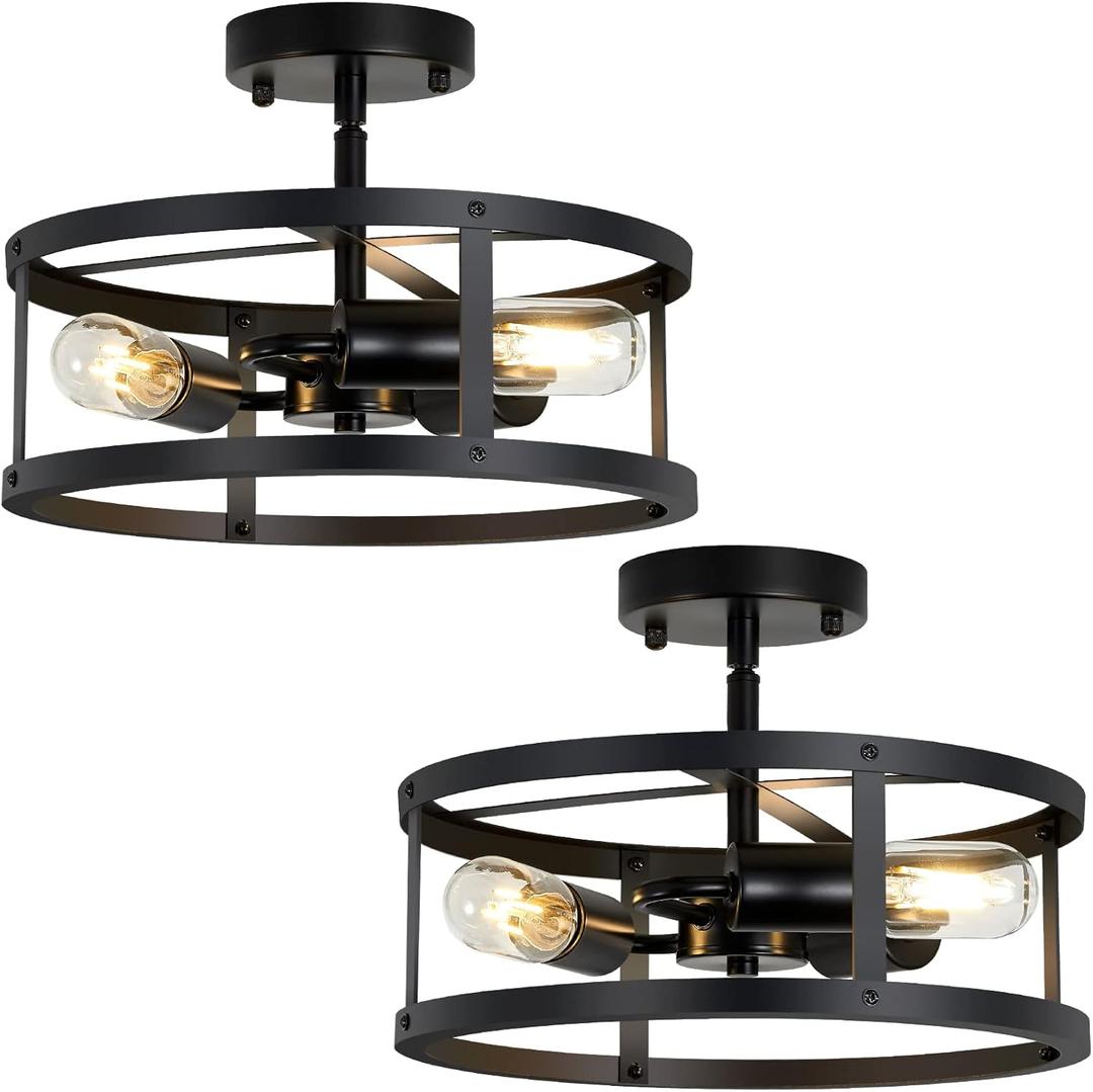 3-Light Semi Flush Mount Ceiling Light, Farmhouse Black Metal Cage Fixture, Industrial Lighting for Kitchen Foyer Hallway Entryway 2 Pack