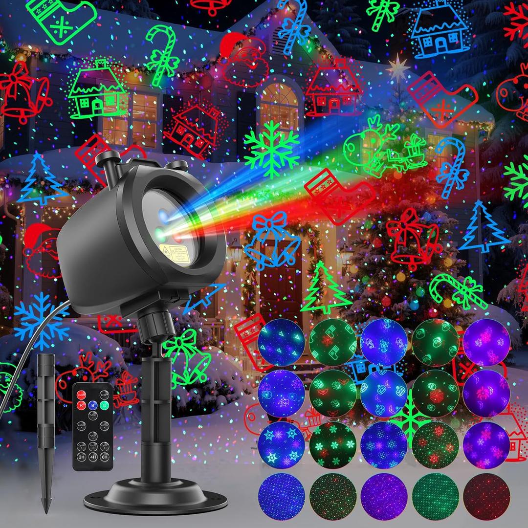 Laser Lights Projector Outdoor with 4 Dynamic Slides, 2-in-1 Moving RGB Firefly Laser Lights with Remote,Timer, Landscape Holiday Porjector for Window Wall Xmas Decor