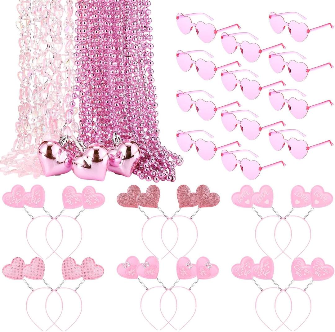 Kanayu 36 Pcs Valentine's Day Accessories Set Include 12 Heart Headbands 12 Glasses and 12 Heart Beaded Necklace for Valentine Props Party Costume Supplies Accessory (Pink)