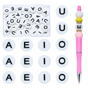 HUAAPLEVLA 50 Pcs Silicone Vowel Letter Beads for Bracelets Flat Round Silicone Alphabet Beads for Keychains Pens Lanyards DIY Crafts Jewelry Making (Horizontal Hole Vowel Letters)