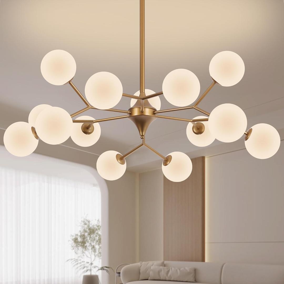 COCOSTAR Reddish Sand Gold Dining Room Chandelier, 15 Lights Mid Century Modern Sputnik Chandelier for Kitchen Island Living Room Bedroom, Ceiling Light Fixture Over Table, G9 Base