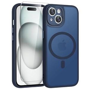 WRJ Case for iPhone 15, Slim Translucent Matte Magnetic Case for Women Men [Compatible with Magsafe][Enhanced Camera Protection] Anti-Fingerprints Shockproof Cover with Screen Protector-Navy Blue