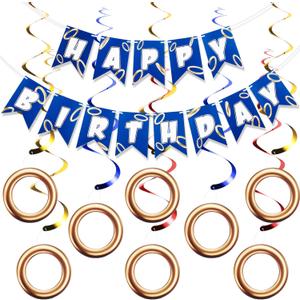 Epakh Blue Gold Birthday Banner with 8 Pcs Ring Hanging Swirl Decorations Cartoon Print Themed Happy Birthday Party Supplies for Family Celebrations Home Decor
