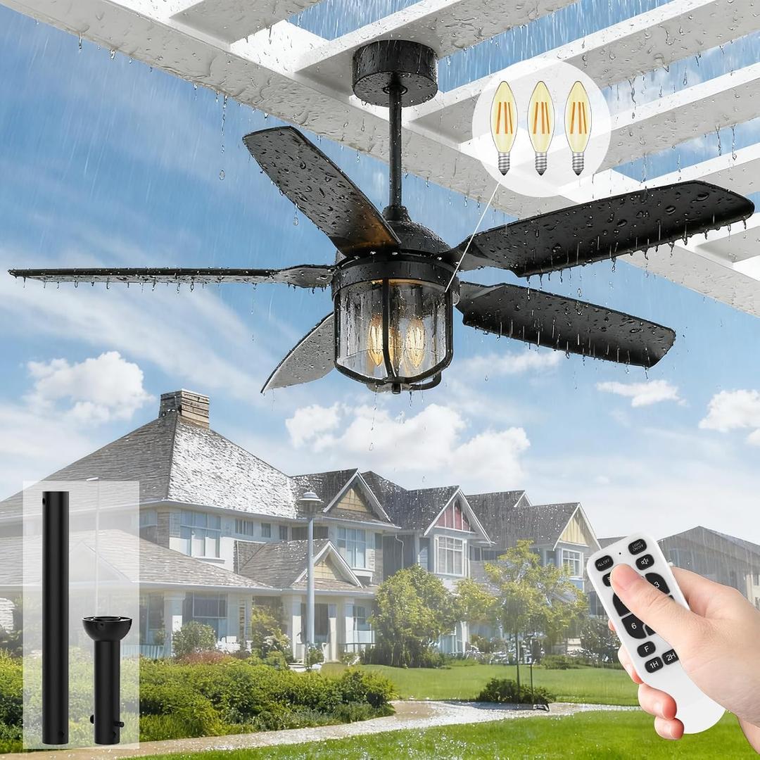 52 inch Outdoor Ceiling Fans with Lights for Patios, IP65 Waterproof Ceiling Fan with Remote and 6-Speed DC Motor, Gazebo Ceiling Fan for Porch Pavilion Farmhouse Black (Included 3pcs Bulb)