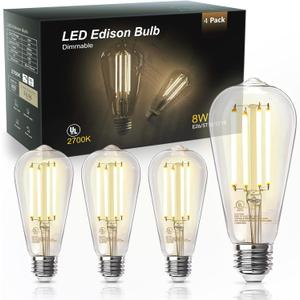 TJOY Edison Light Bulbs 60W Equivalent, Dimmable Vintage LED Light Bulbs, E26 Medium Base, Warm White 2700K, ST58, 8W, 800LM, 80+ CRI, Antique Decorative LED Filament, Clear Glass, 4 Pack