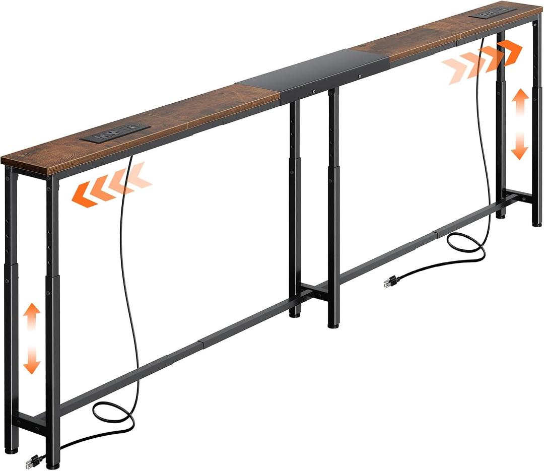 Huuger Narrow Console Table with Power Outlets & USB-C, Rustic Brown, 78.7"-94.5"W x 5.9"D