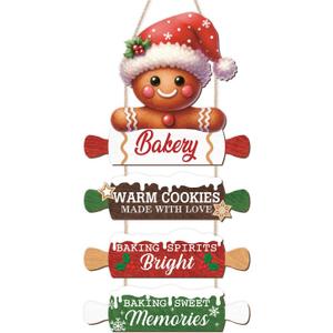 CHDITB Wooden Gingerbread Bakery Christmas Door Hanger, Rustic Christmas Wall Hanging Sign with Cookies Rolling Pin Warm Saying, Farmhouse Xmas Winter Holiday Decor for Indoor Outdoor