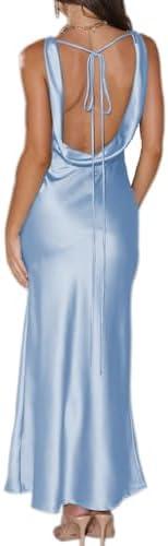 Womens Elegant Satin V Neck Backless Sleeveless Maxi Dress Silk Tie Low Back Formal Cocktail Dresses Wedding Guest XL