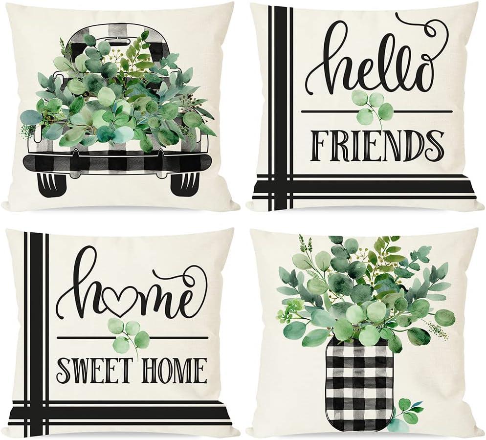 PANDICORN Spring Summer Pillow Covers 18x18 Set of 4, Green Eucalyptus Leaves Black Buffalo Plaid Check Truck Throw Pillows Cases, Modern Farmhouse Cushion Covers for Home Sofa Couch Decorations