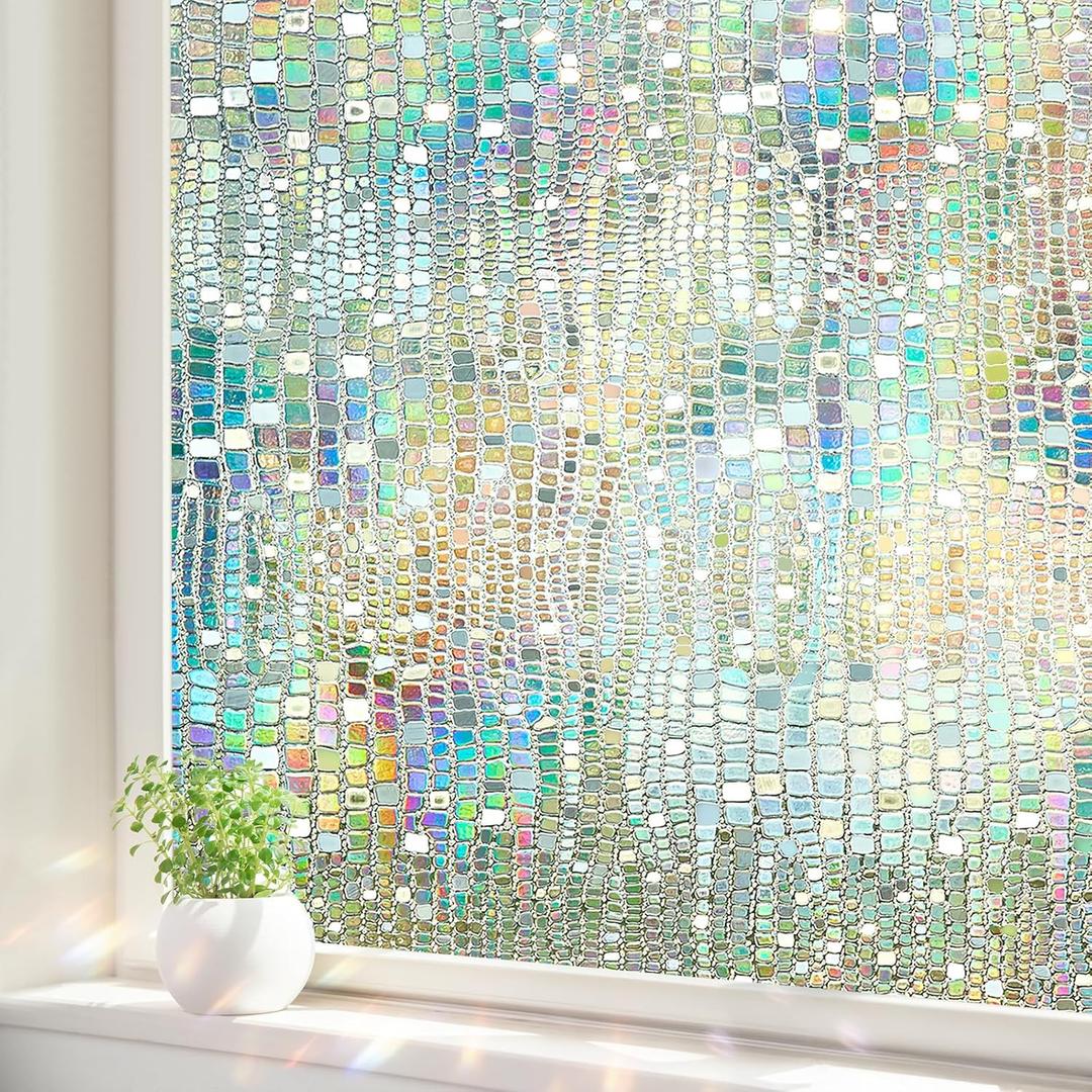 Window Privacy Film, Stained Glass Window Films 3D Rainbow Decorative Static Cling Iridescent Window Tint Heat Blocking Decals Covering for Home Door Vinyl 17.5" x 78.7"