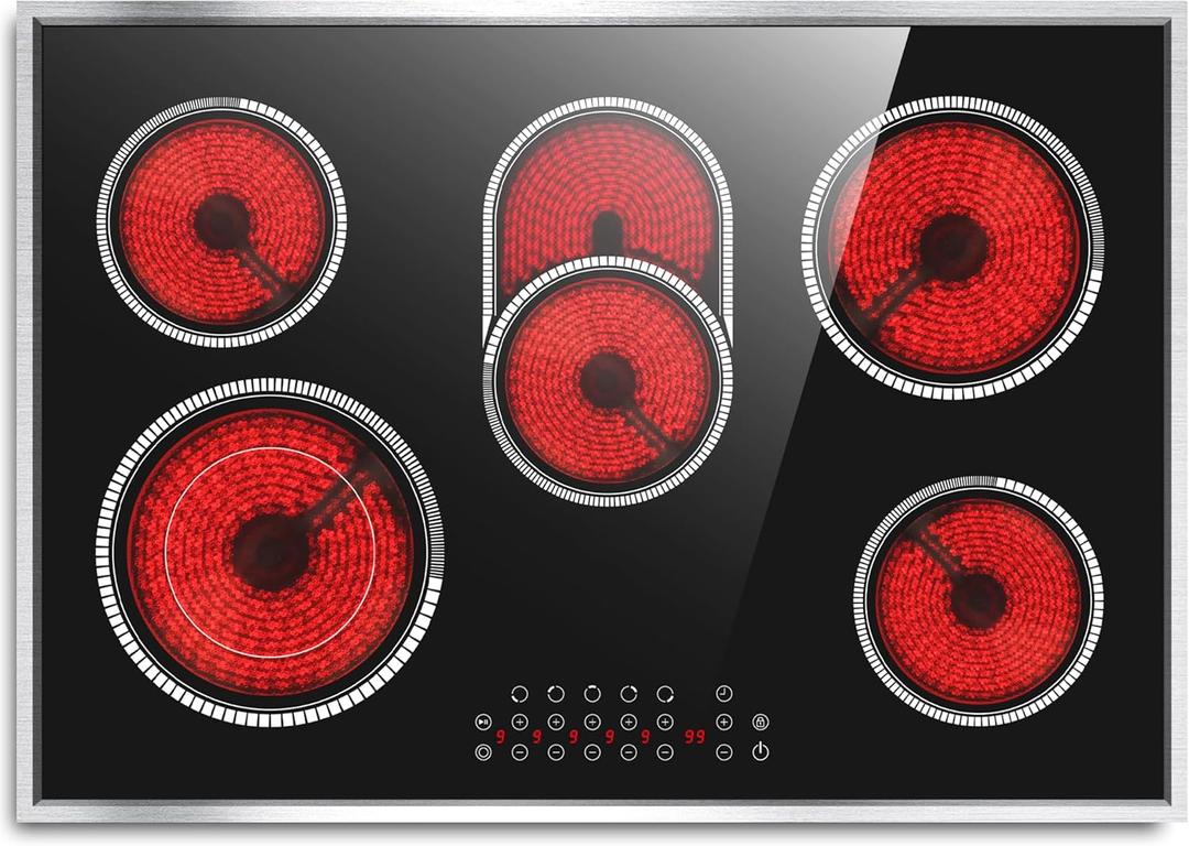 30 Inch Electric Cooktop, 5 Burner Electric Stove Top Touch Control, 8400W Built-in Ceramic Stovetop Burner 30" with Expandable Zone, Child Lock, Timer, Overheat Alert, 220-240v Hardwired