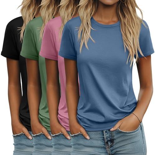 Ficerd 4 Pack Women's Cotton T Shirts Casual Short Sleeve Tunic Tops Crewneck Plain Summer Loose Fit Rolled Sleeve Basic Tee Size M