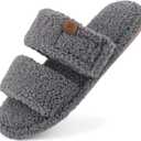 FamilyFairy Open Toe Slippers for Women Adjustable Memory Foam House Shoes Faux Fur Fuzzy Slide Sandals Non Slip Washable (7-8, Grey)