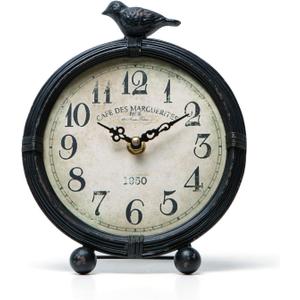 NIKKY HOME Vintage Table Clock with Bird, Metal Desk Clocks Battery Operated Black Retro Table Clock on Stand Decorative Desk Clock for Bedroom Living Room Shelf (Pitchdark)