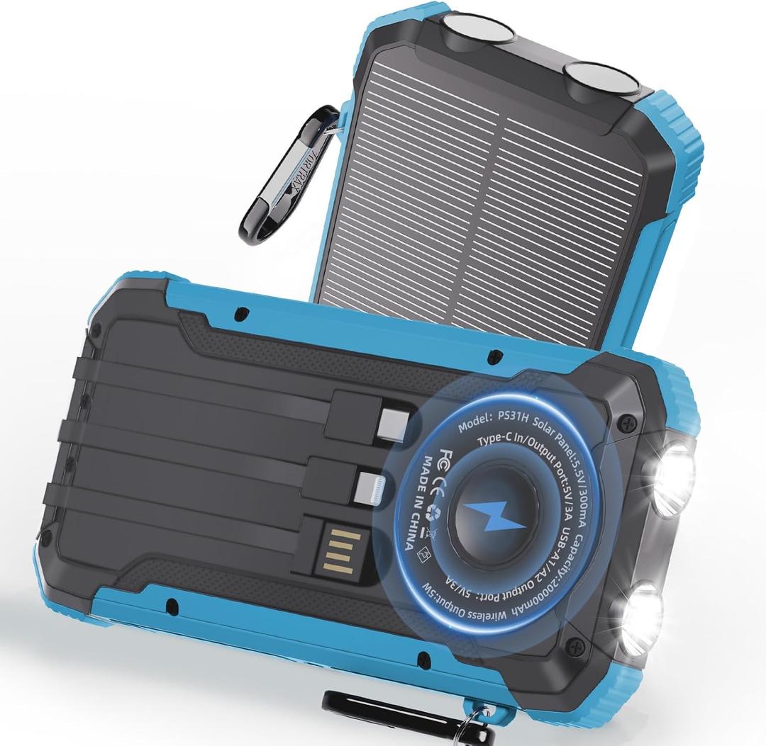 Power Bank Portable Solar Charger, Wireless Fast Charging Battery Pack, 20000mAh Capacity USB-C Input, 6 Outputs, Dual LED Flashlight, USB Battery Pack for Cell Phone Camping Travel Emergency (Blue)