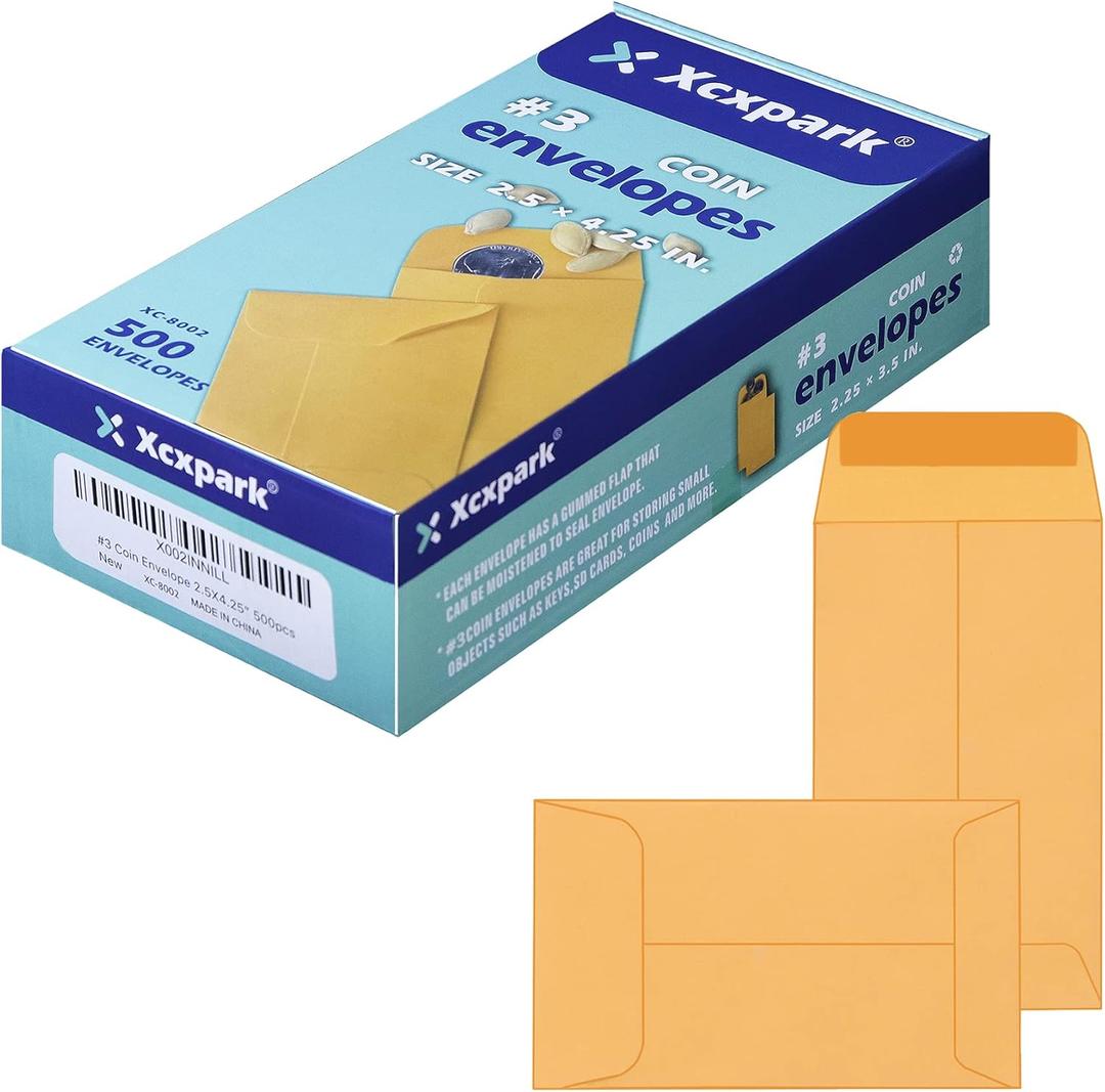 Xxcxpark 500 PCS #3 Coin Envelopes, 2-1/2 x 4-1/4 inches Brown Kraft Envelopes Classic Small Parts Envelopes with Self Adhesive Gummed Flap for Coins, Cash, Credit Cards, Seeds