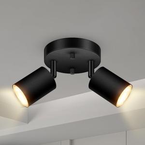 2 Light Track Lighting Fixtures Ceiling, Matte Black Round Directional Ceiling Spotlight, GU10 Flush Mount Track Fixture, Adjustable Modern LED Track Lights for Kitchen/Living Room, Bulb Not Included