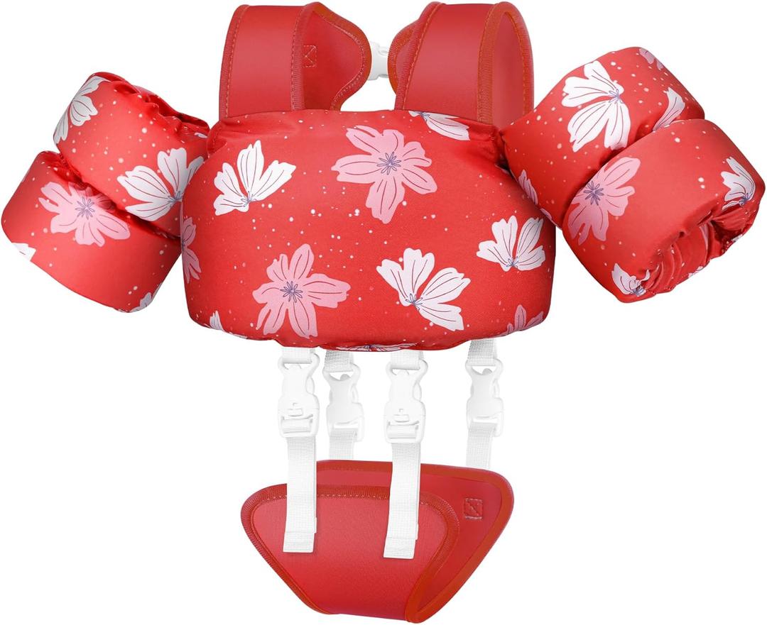 Vvinca Toddler Swim Vest for Kids 13-30lbs Boys Girls Puddle Kid Jumper Toddlers Pool Floaties Jacket with Adjustable Crotch Strap Sleeves Shoulder for 1-3 Yrs Old Baby Infant Learn to Swim (04-Red Flower)