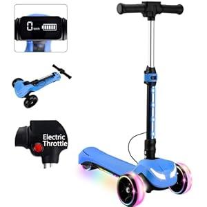 Kids Electric Scooter w/ LCD Screen, Bluetooth Music, Light-Up Stem Deck & Wheels, Thumb Throttle, 3 Adjustable Heights, 150W Powerful Motor, Foldable 3 Wheel Electric Scooter for Kids Boy Girl, Blue