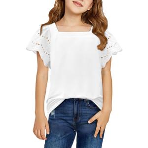 Yoklass Girls Casual Shirts Square Neck Ruffle Sleeve Tops Solid Loose Blouses 5-14 Years (White)
