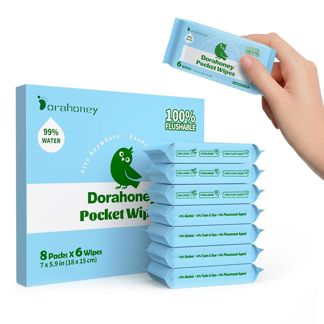 Flushable Wipes Travel Size, 99% Water Mini Wet Wipes for Sensitive Skin, Hypoallergenic & Unscented On The Go Pocket Wipes, 48 Count (8 Packs of 6)