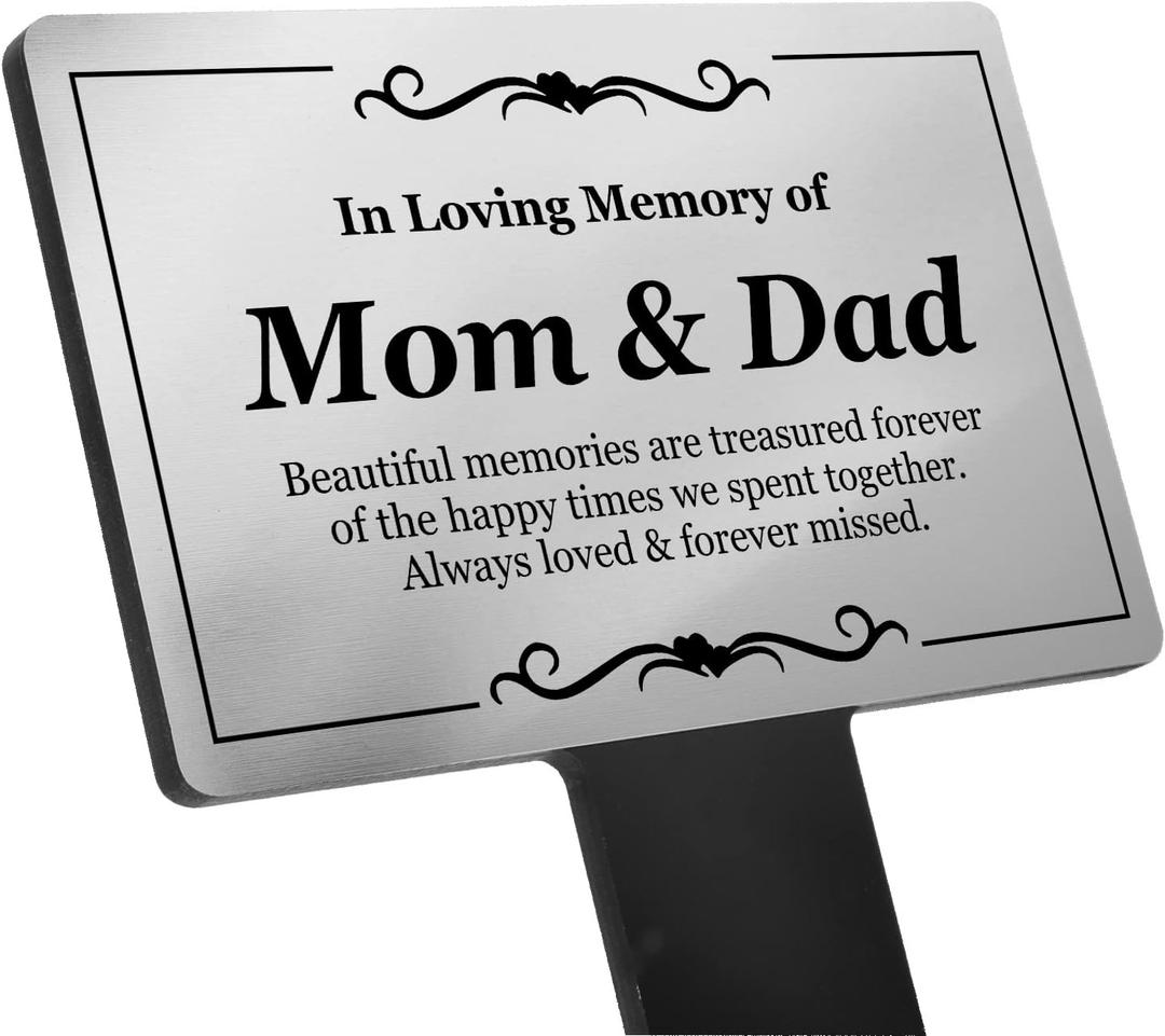 Mom & Dad Memorial | Remembrance Plaque | Stake - Silver and Black Acrylic | Waterproof | Outdoor | Grave Marker | Tribute | Plant Marker | Create A Lasting Remembrance