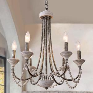 Wood Beaded Chandelier, 6 Light Candle French Country Chandeliers, Rustic Distressed Farmhouse Chandelier Light Fixture for Dining Room Kitchen Living Room Entryway Foyer