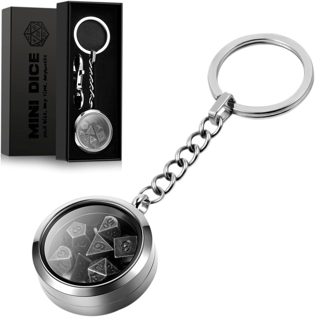 Mini DND Dice,DNDND 6mm Metal Dice Set with Kyechain Silver Stailess Steel Case and Gorgeous Gift Box for Dungeons and Dragon D&D Game (Iron with Silver Case)