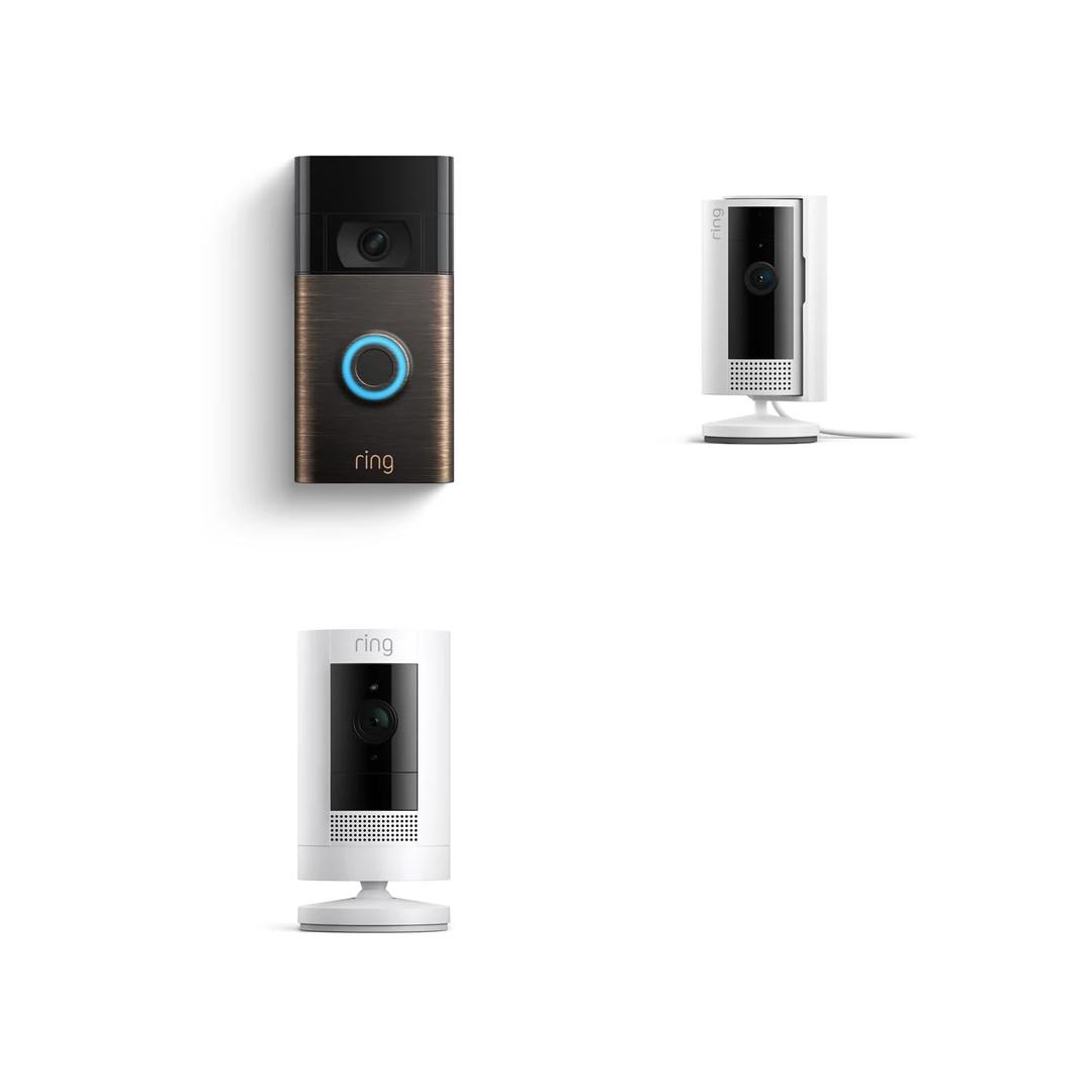 Ring Video Doorbell (Venetian Bronze) with Ring Stick Up Cam Battery and Ring Indoor Cam, White