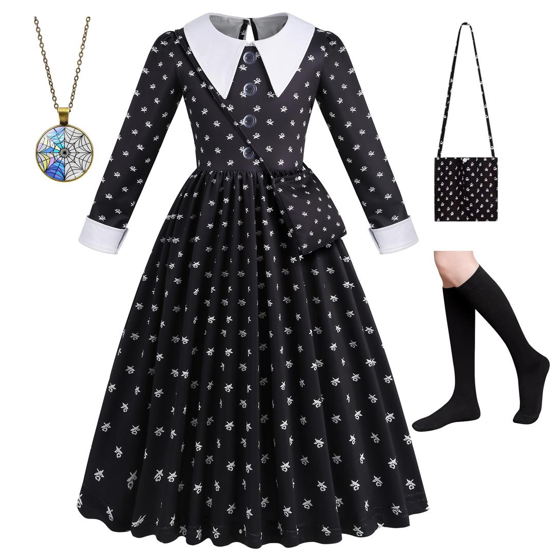 Chektin Black Princess Dress for Girls Halloween Costume Kids Long Sleeve Cosplay Birthday Party with Accessories 8-9 Years