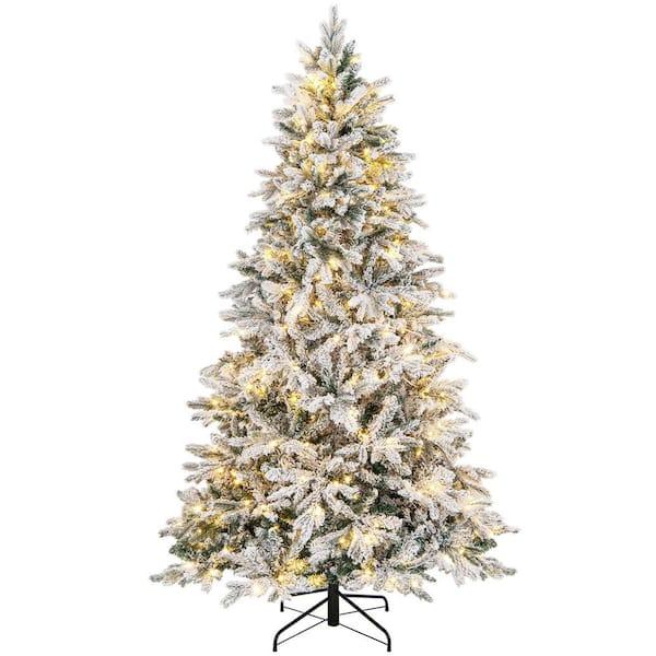 7 ft. Pre-Lit Snow Flocked Hinged Artificial Christmas Tree with 300 LED Light