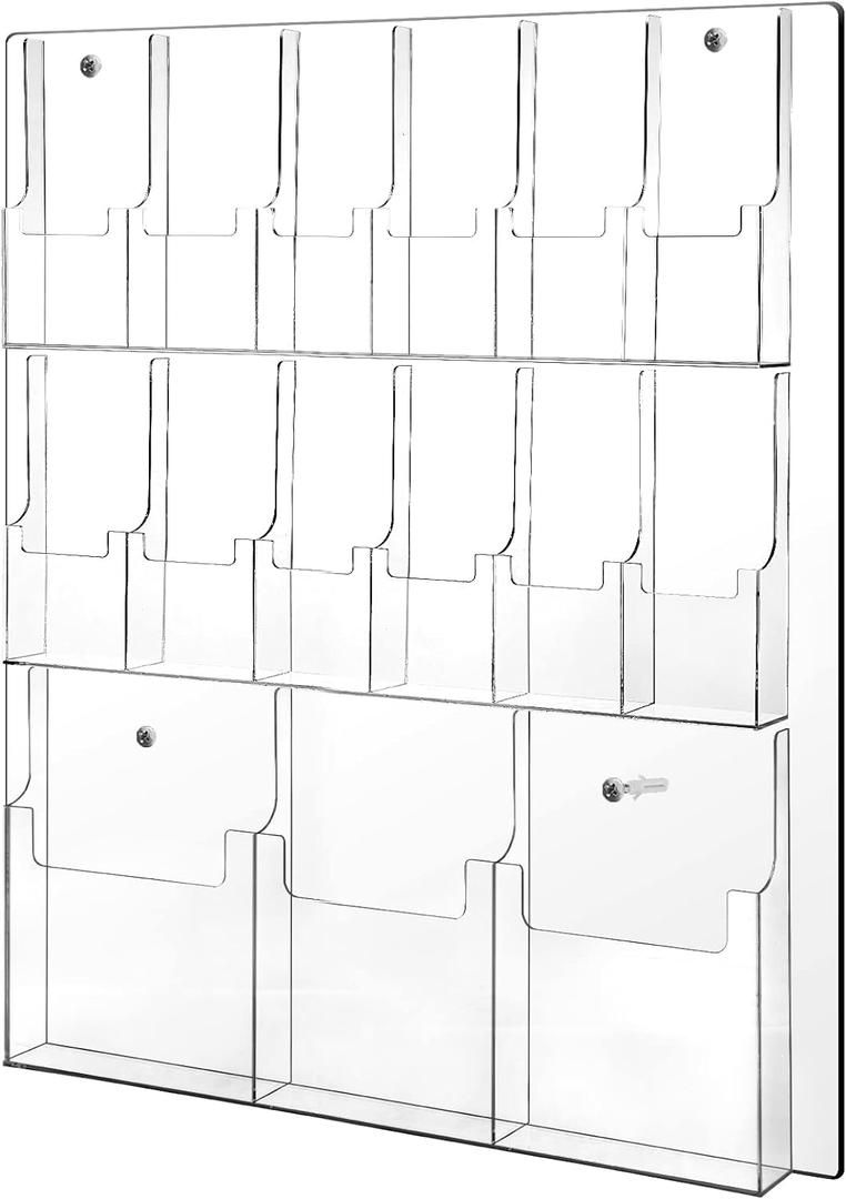 Weysat Acrylic Brochure Holder Wall Mount, Clear Plastic Pamphlet Holder Magazine Display Trifold Flyer Rack Hanging Literature Storage Organizer(3 Magazine Pockets, 12 Pamphlet Pockets)