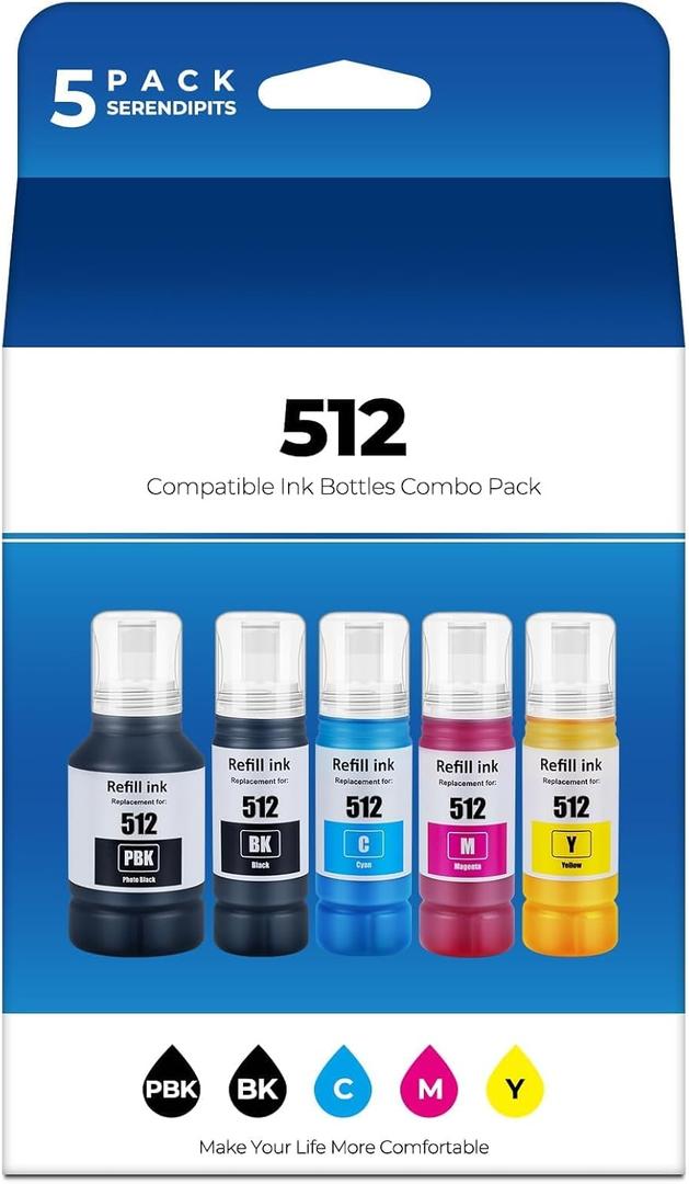 512 Ink Refill Bottles ET-7700 ET-7750 Replacement for 512 Ink Refill Bottles Black Works for ET 7700 ET 7750 Eco Tank ET7700 ET7750 Printer, 5 Pack 512 Ink Refill Bottles (2BK C M Y)
