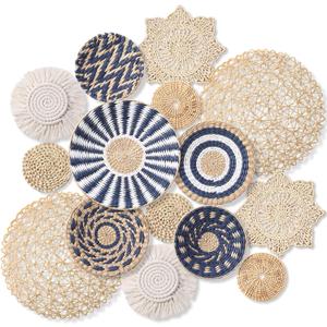 15 Pcs Boho Wall Basket Decor Woven Rattan Seagrass Wall Decor Hanging Rustic Farmhouse Western Art Decoration for Nursery Living Room Bedroom Home Kitchen(Blue Style)