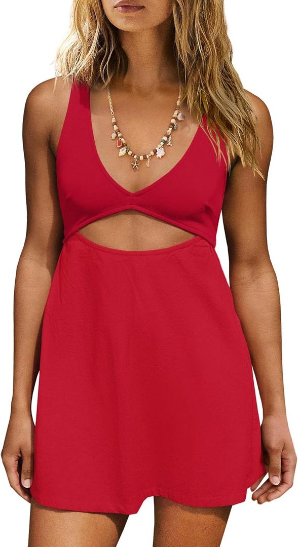 ReachMe Womens Cut Out Dresses Short Sleeveles Mini Dress Summer V Neck A Line Dresses Beach Vacation Dress(Red, S)