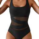 B2prity Women's Mesh One Piece Swimsuit Tummy Control Sexy Bathing Suit Push Up Swim Suit Slimming Swimwear,M