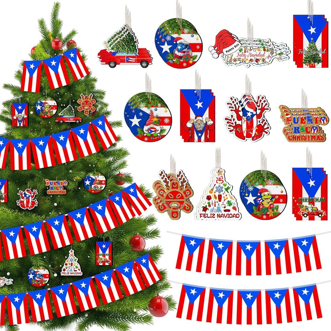 Roowest 37 Pcs Puerto Rico Christmas Tree Ornament 12 Styles Wood Holiday Ornament with Coqu Cem Pattern 1 Puerto Rican Flag String 196.85 Inches/ 5 M for Xmas Tree Home Decoration Gifts