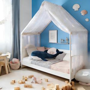 Canopy Bed Curtains Glitter Star Moon Twin Full Bed House Decor Toddler Kids Girls Room Scarf White Drapes Top Bunk Bed Canopy W60 x L158