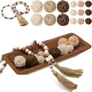 Teenyyou 17 Pcs Wooden Centerpiece Table Decorations Wood Dough Bowl Wicker Rattan Balls Beads String with Tassel Natural Decorative Tray Rustic Bowl Filler for Dining Room Kitchen (Brown)