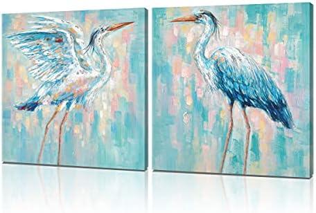 Blue Heron Canvas Wall Art: Set of 2 20" X 20" Coastal Wall Decor Picture Beach Wall Art Sea Birds Poster and Print Large Framed Egret Pictures for Bathroom Bedroom Living Room Office Decorations