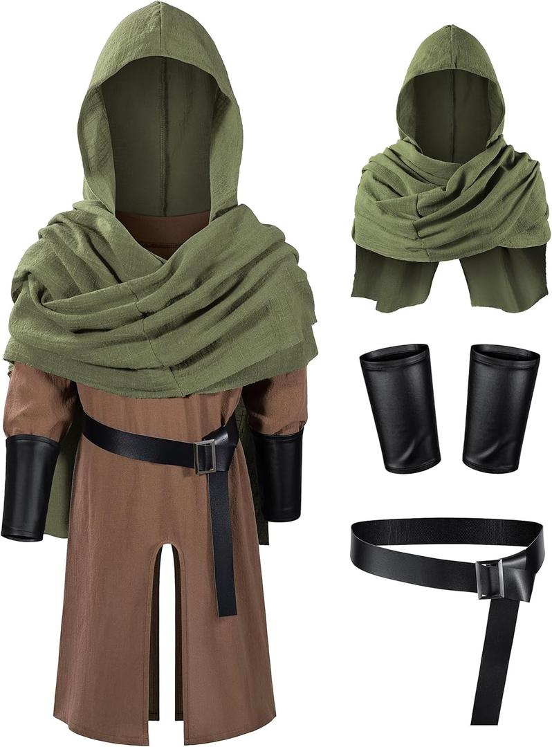 TOKYO REVENGERS Kids Medieval Renaissance Pirate Costume Knight Cosplay Outfit LARP Costume Accessories Set (10-11 Years, Brown-army Green)