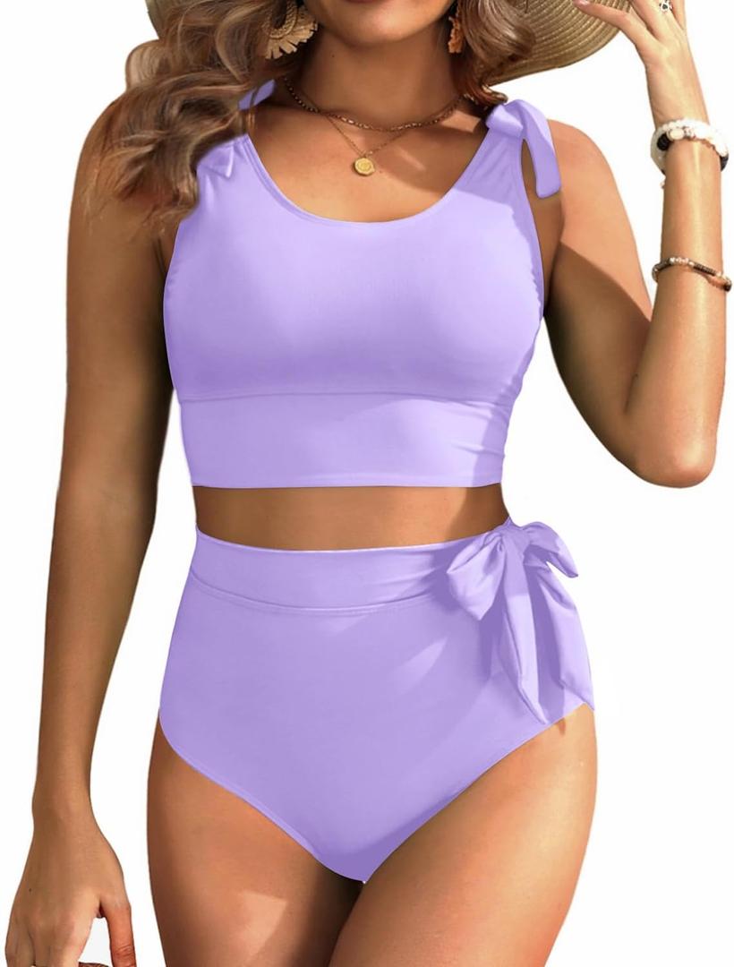 Two Piece High Waisted Swimsuits - Women Tummy Control Bikini Modest Bathing Suit 2PC 2025 (Small, Purple)